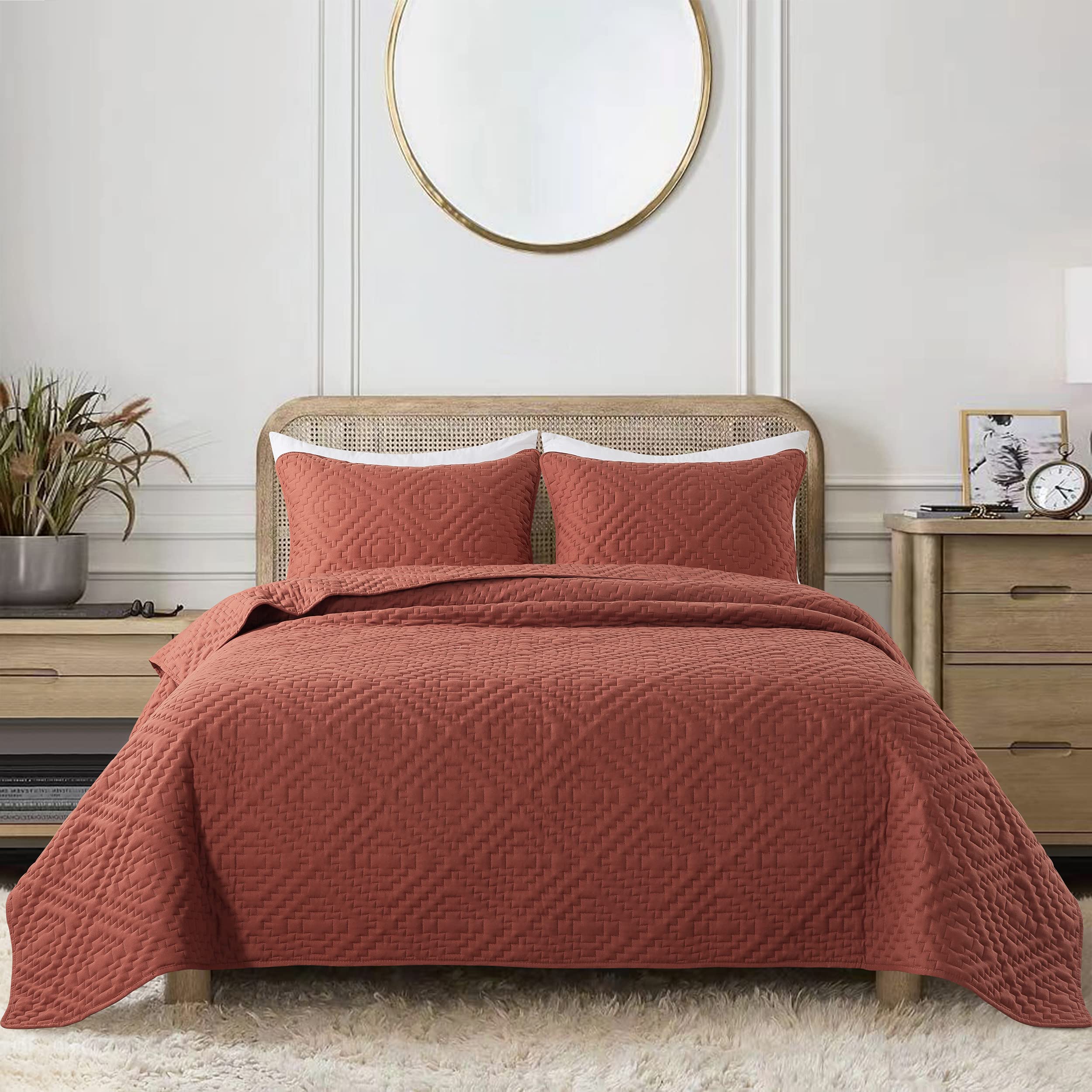 R.Share Burnt Orange Twin Size Quilt Bedding Sets With Pillow Sham, Boho Lightweight Soft Bedspread Coverlet, Quilted Blanket Th